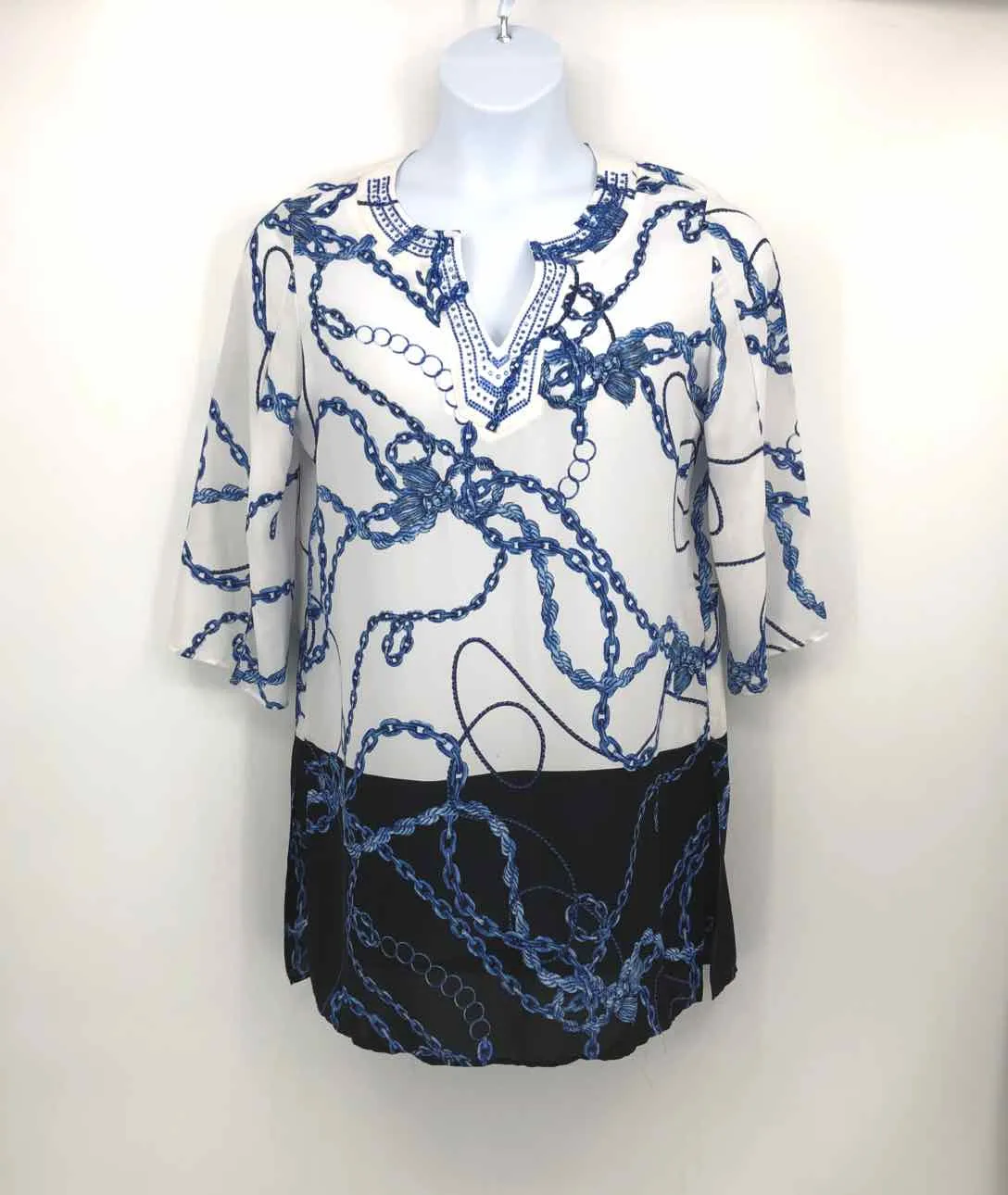 JOSEPH RIBKOFF White Blue Chain Pattern Tunic Size 8  (M) Top