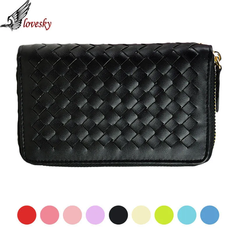 Lady 9 Colors Women Woven Zipper Lether Purse Clutch Organizer Wallet Bag Card Holder Hbags