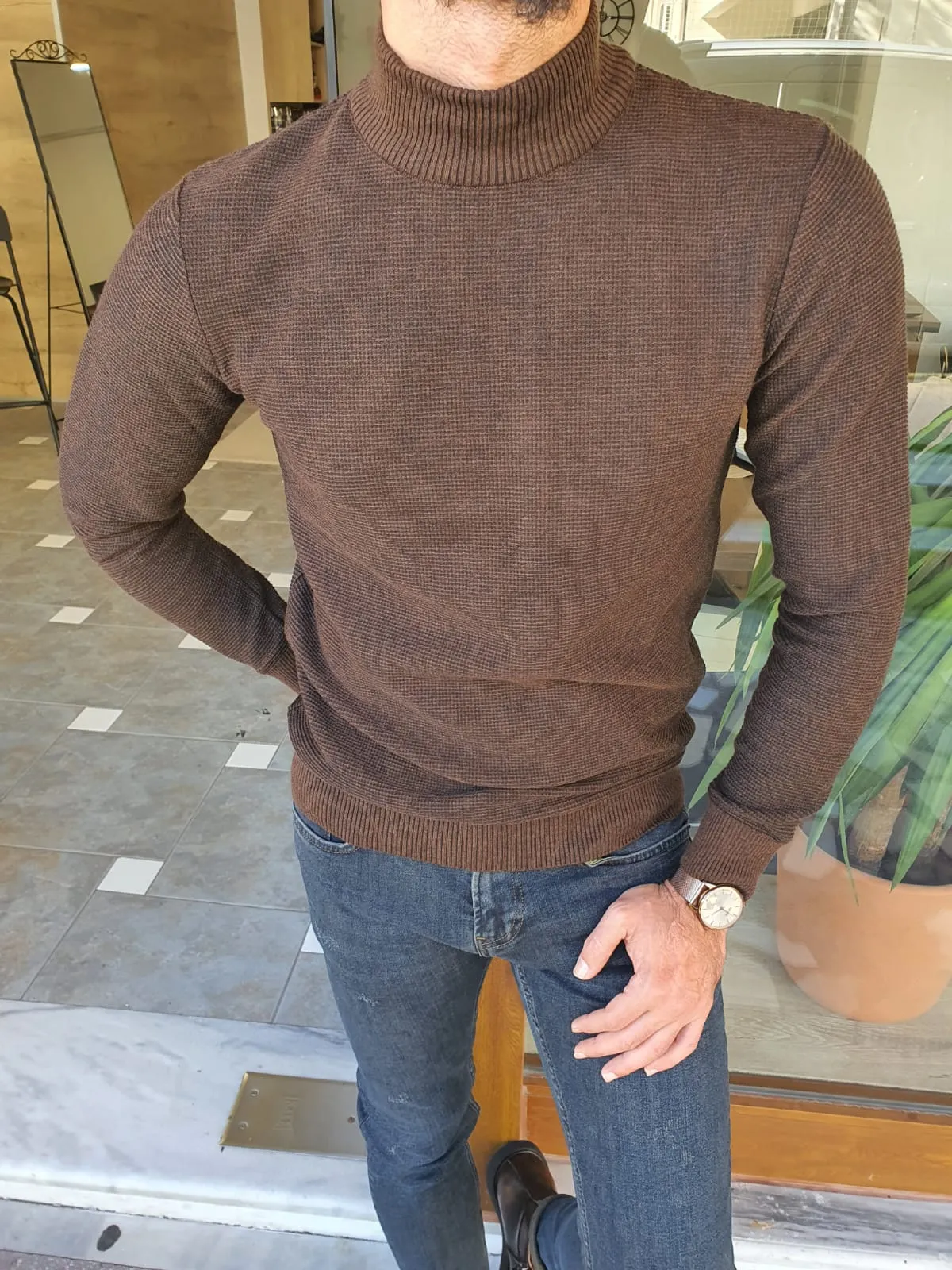 Lawton Brown Slim Fit Mock Turtleneck Sweater