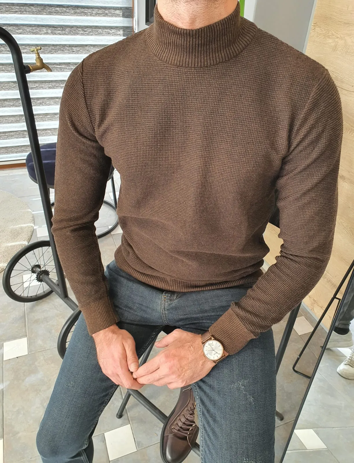 Lawton Brown Slim Fit Mock Turtleneck Sweater