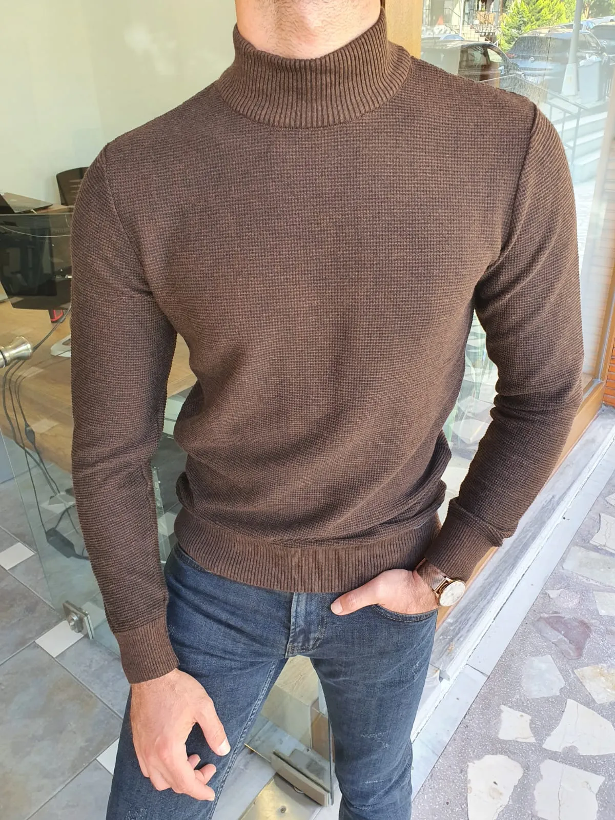 Lawton Brown Slim Fit Mock Turtleneck Sweater