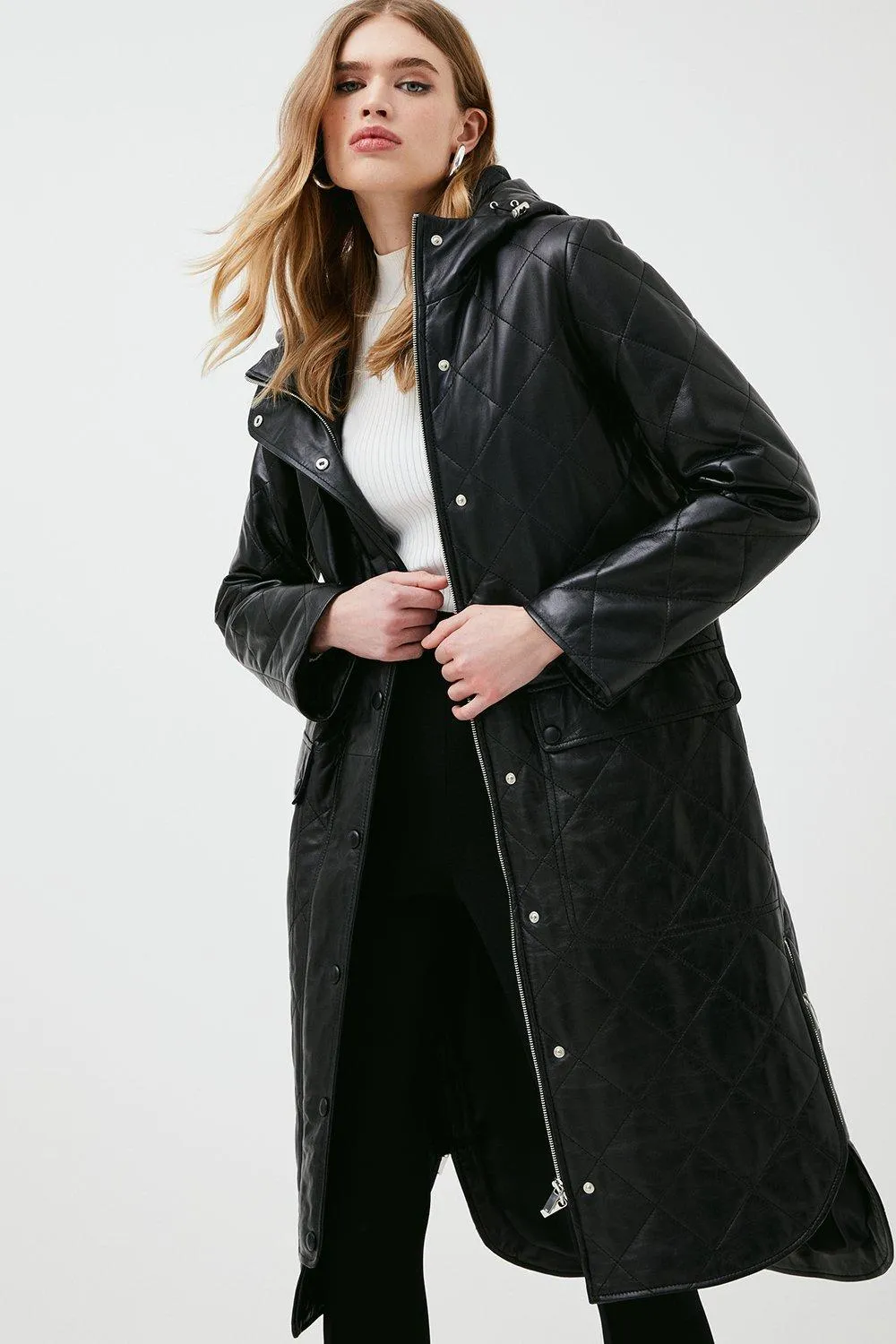 Leather Quilted Puffer Coat | Karen Millen