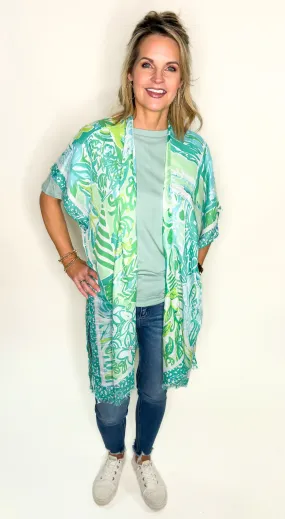 Lime Green & Turquoise Floral Kimono