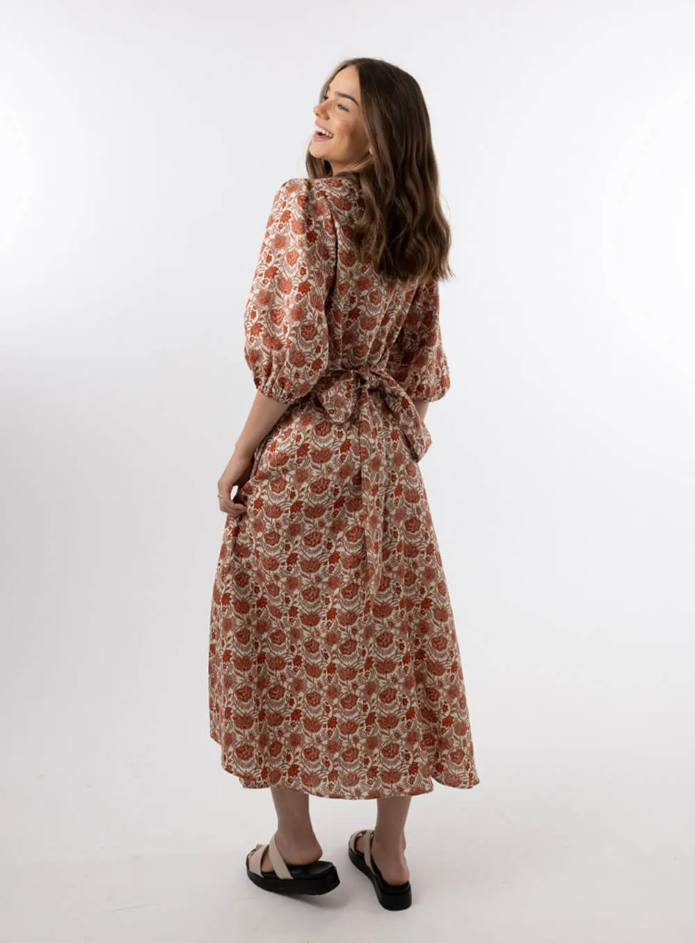 Lydia Linen Wrap Dress-Paisley Red