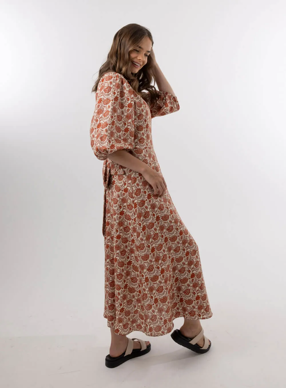 Lydia Linen Wrap Dress-Paisley Red