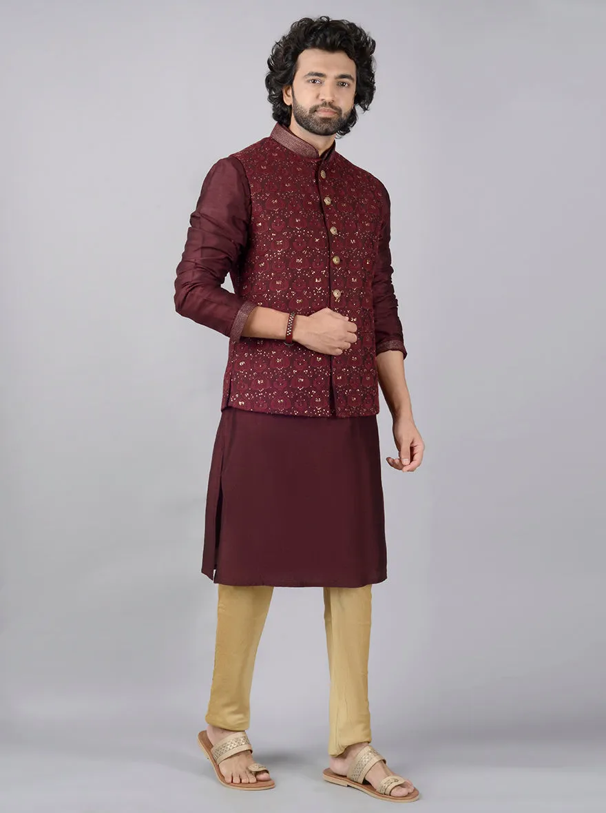 Maroon Kurta Set with Bandhgala Jacket | Azania