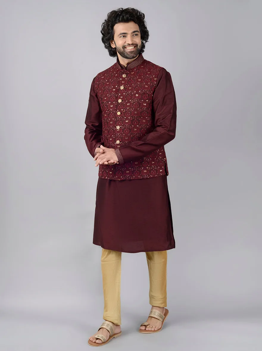 Maroon Kurta Set with Bandhgala Jacket | Azania