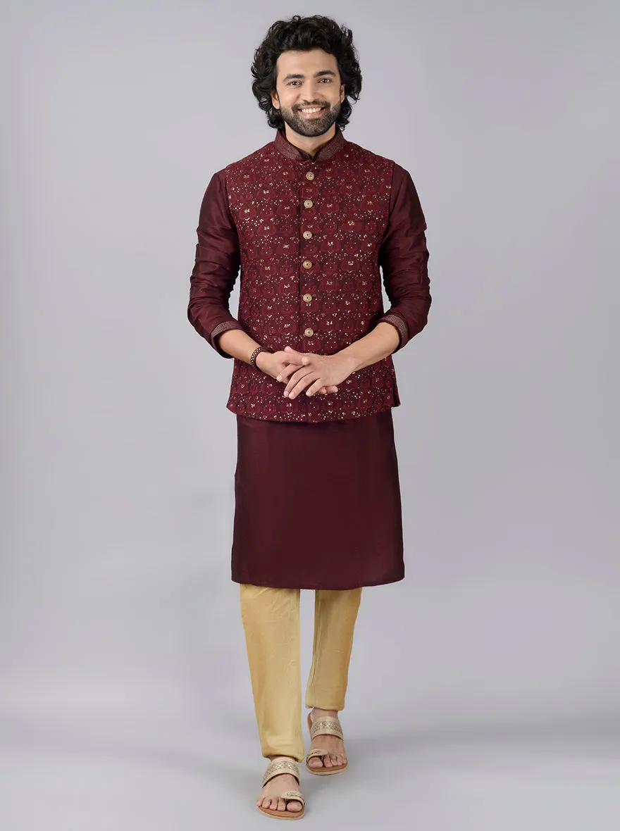 Maroon Kurta Set with Bandhgala Jacket | Azania