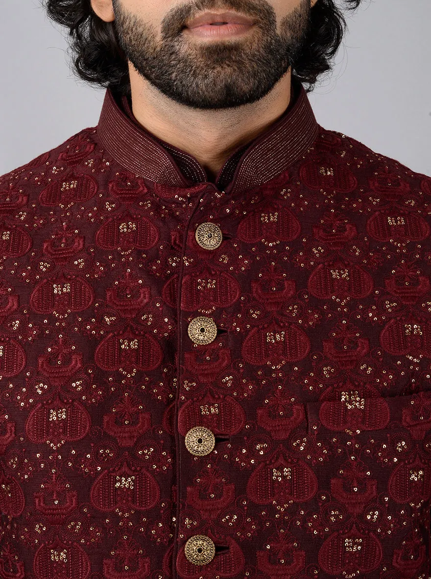 Maroon Kurta Set with Bandhgala Jacket | Azania