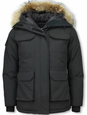 Matogla Fur Collar Coat - Women's Winter Coat Half Long - Expedition Parka - Black