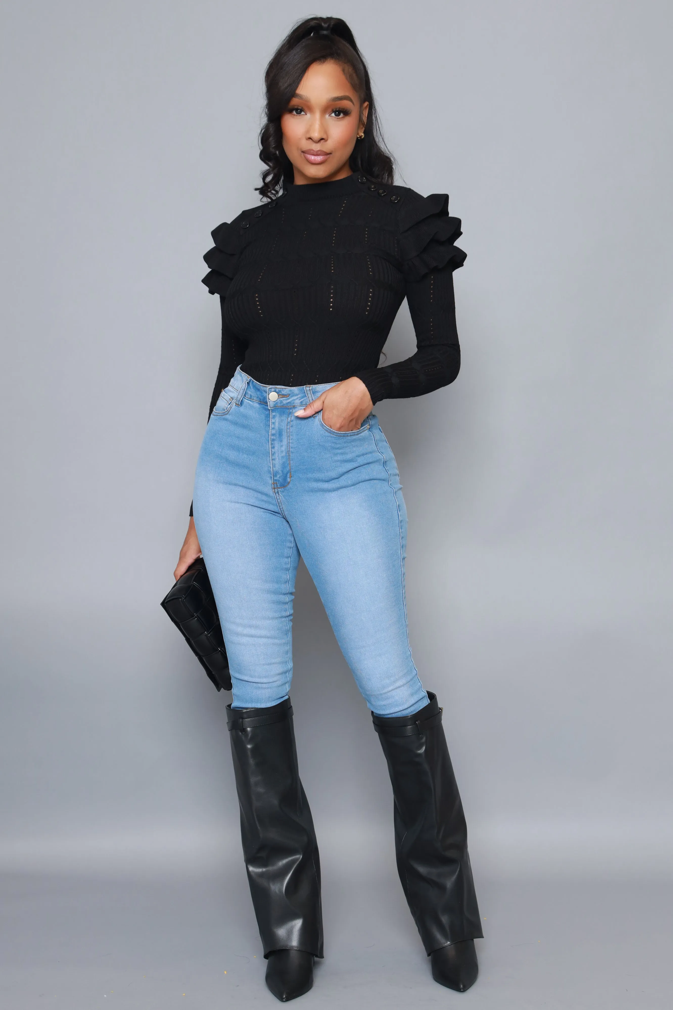 Maybe Not Ruffle Shoulder Turtleneck Sweater - Black