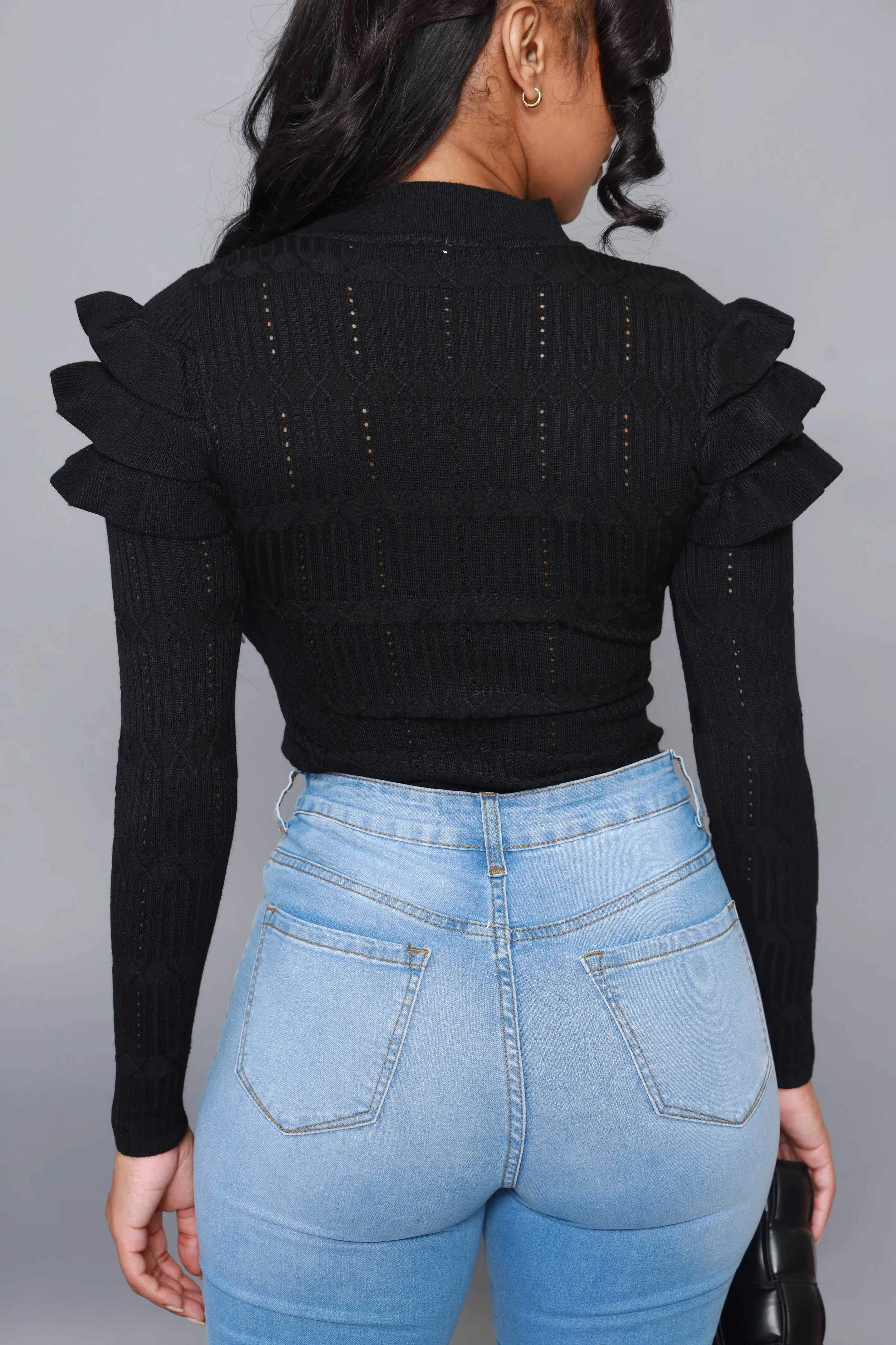 Maybe Not Ruffle Shoulder Turtleneck Sweater - Black