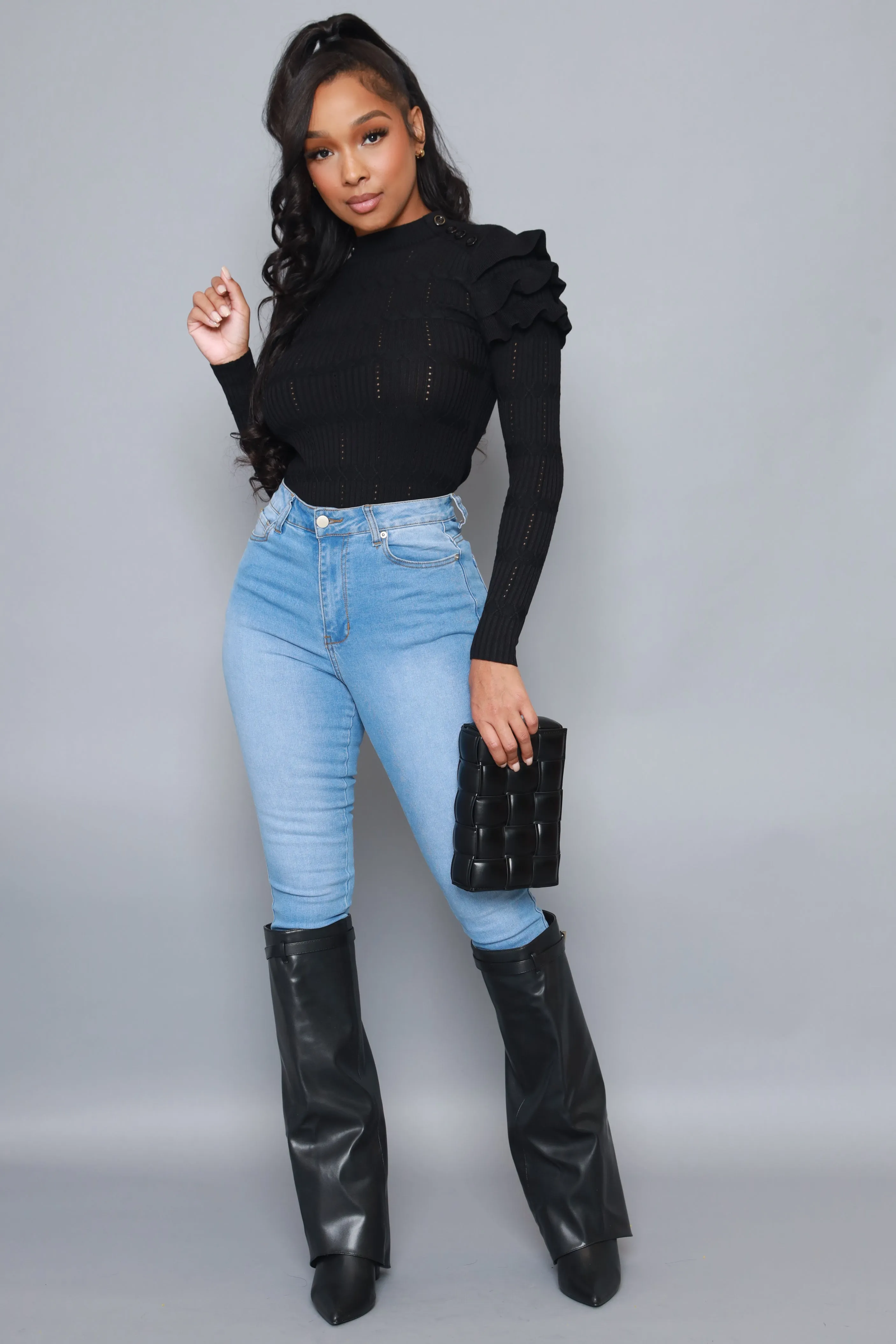 Maybe Not Ruffle Shoulder Turtleneck Sweater - Black