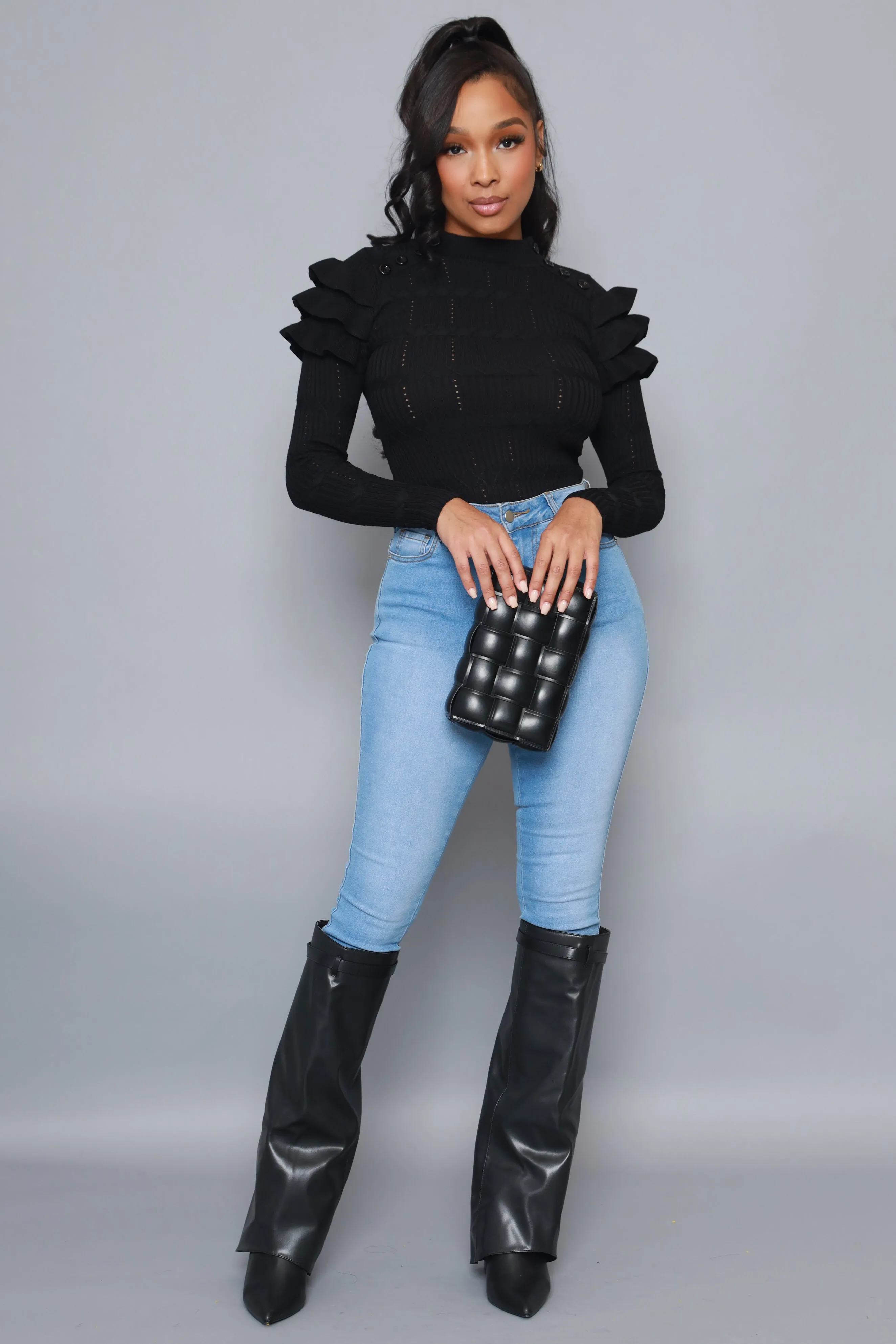 Maybe Not Ruffle Shoulder Turtleneck Sweater - Black