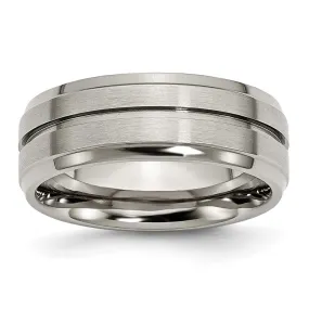 Men's Titanium 8mm Brushed Grooved Ridged Edge Standard Fit Band