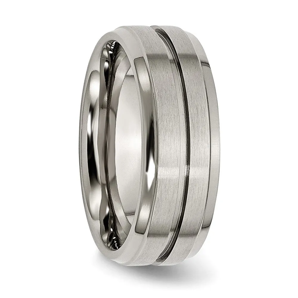 Men's Titanium 8mm Brushed Grooved Ridged Edge Standard Fit Band