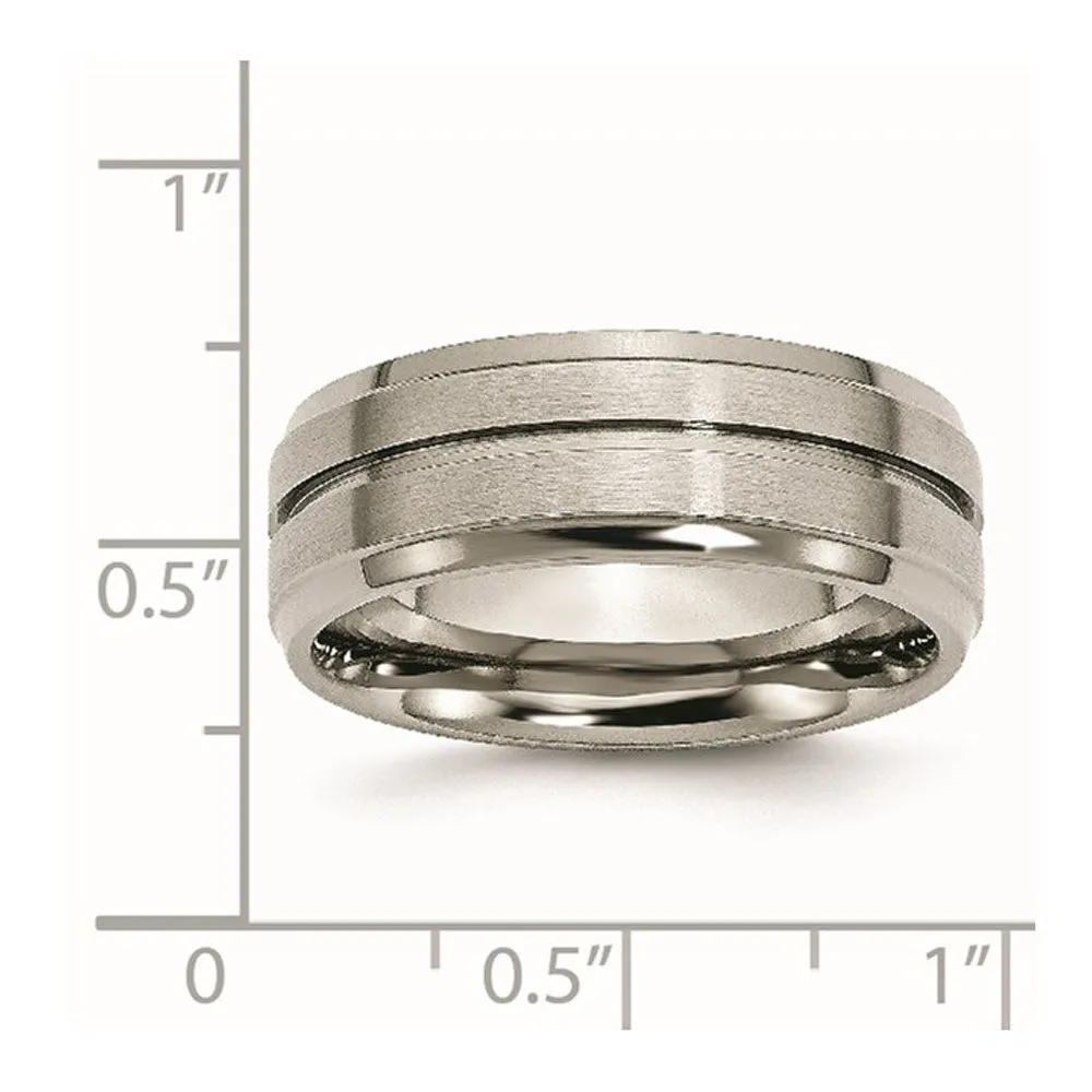 Men's Titanium 8mm Brushed Grooved Ridged Edge Standard Fit Band