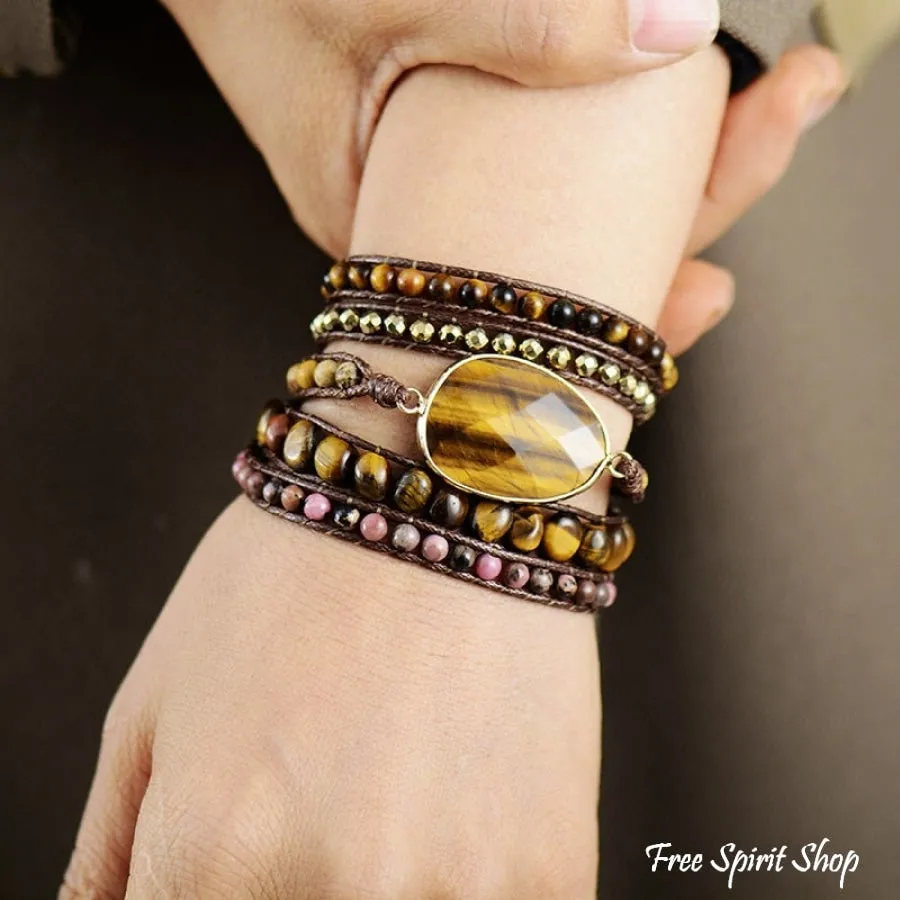 Natural Tiger Eye & Rhodonite Wrap Bracelet