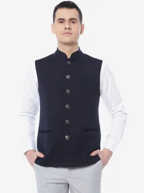 Navy Blue Solid Regular Fit Bandhgala Jacket | Greenfibre