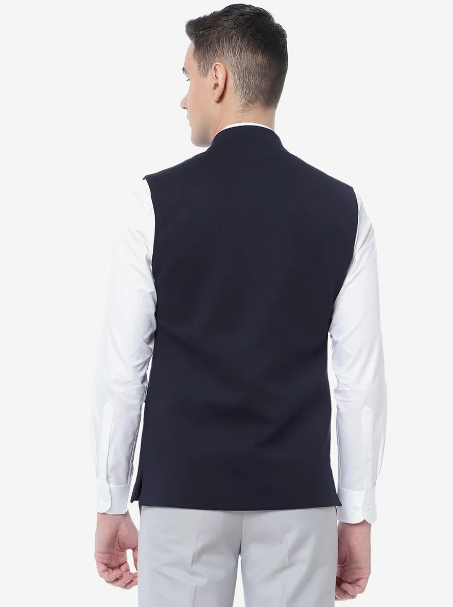 Navy Blue Solid Regular Fit Bandhgala Jacket | Greenfibre