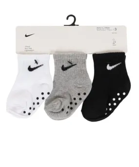 NIKE INFANTS GRIPPER WHITE/GREY/BLACK ANKLE SOCKS (6-12M X3 PAIRS)