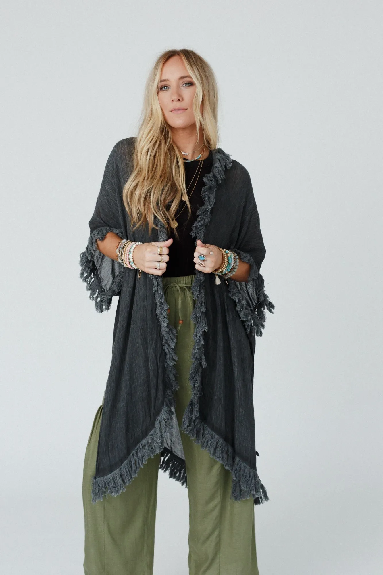 On The Edge Fringe Kimono - Charcoal