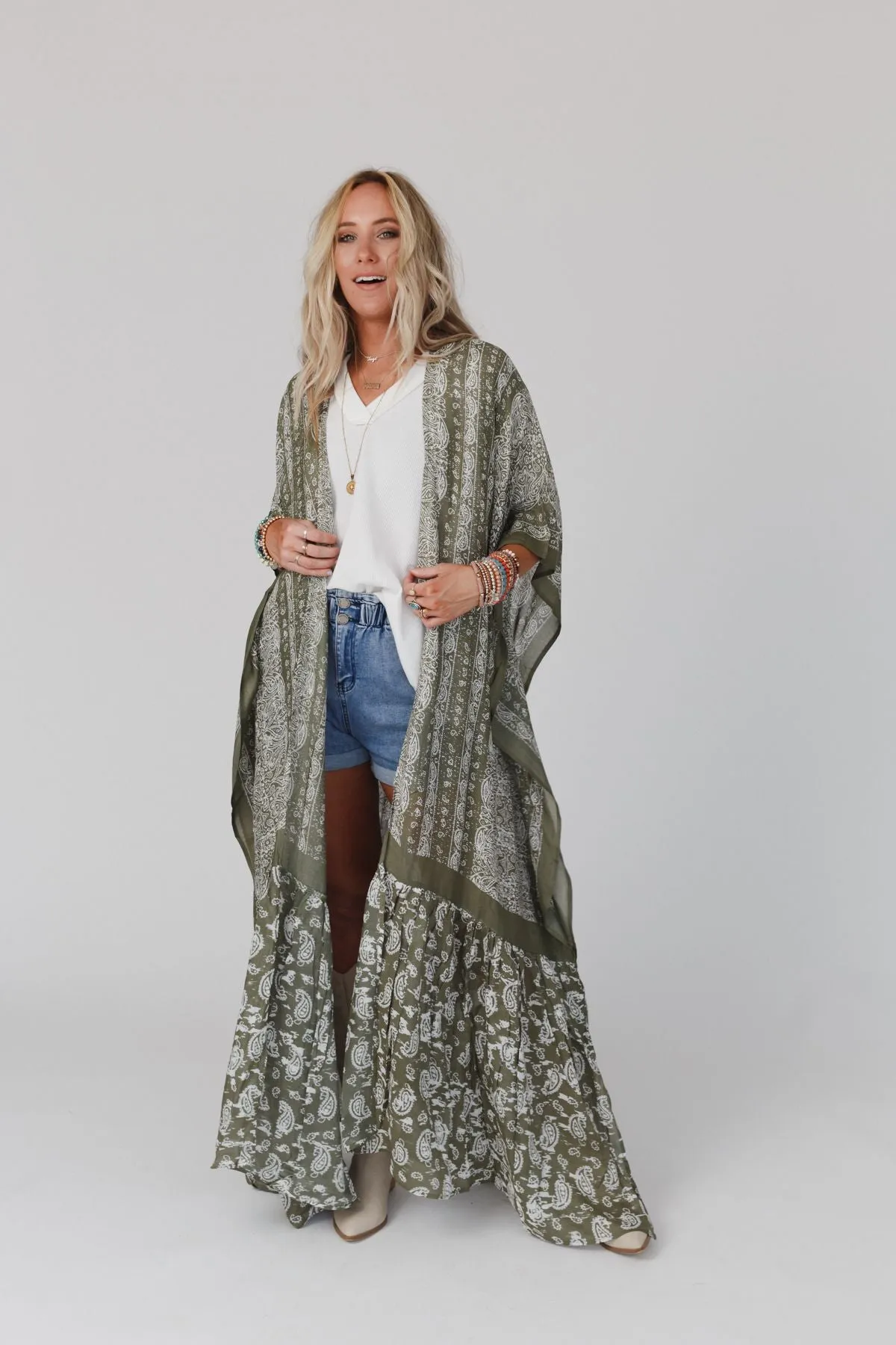 Paisley Tapestry Free Flow Duster Kimono - Olive