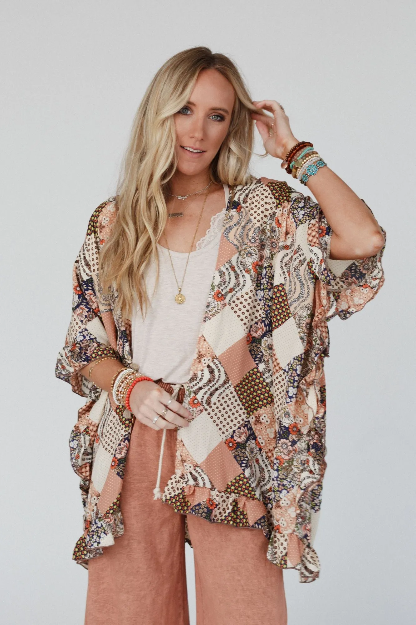 Piece It Together Ruffle Sleeve Kimono - Coco Navy