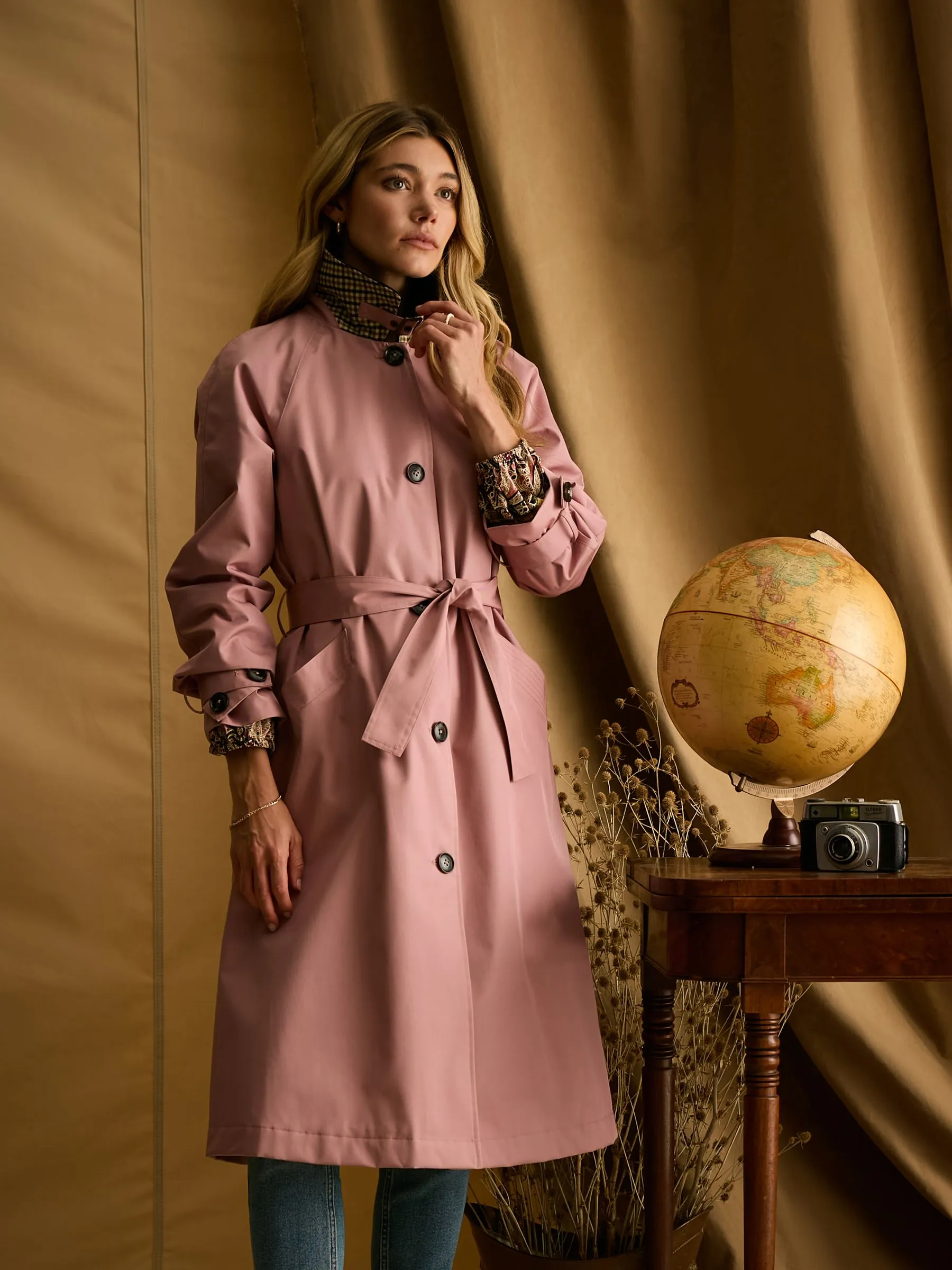 Pink Waterproof Belted Trench Coat