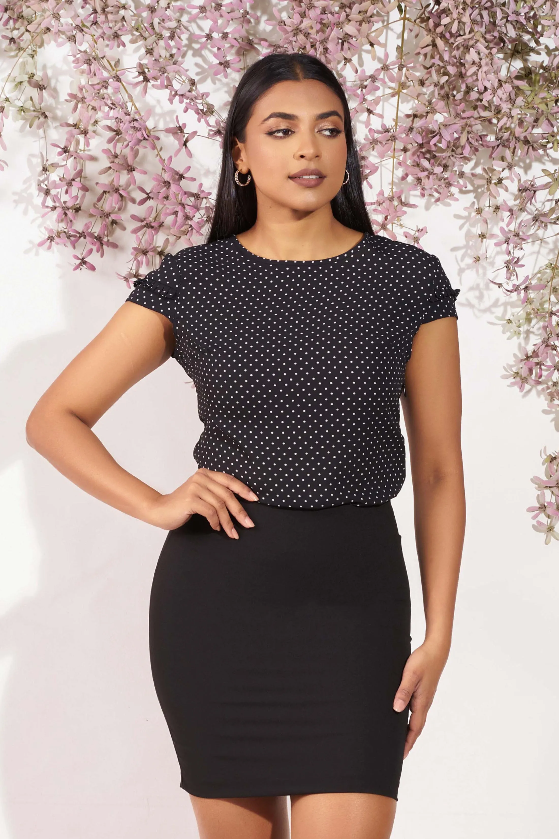 Polka Dot Round Neck Top - Slim Fit