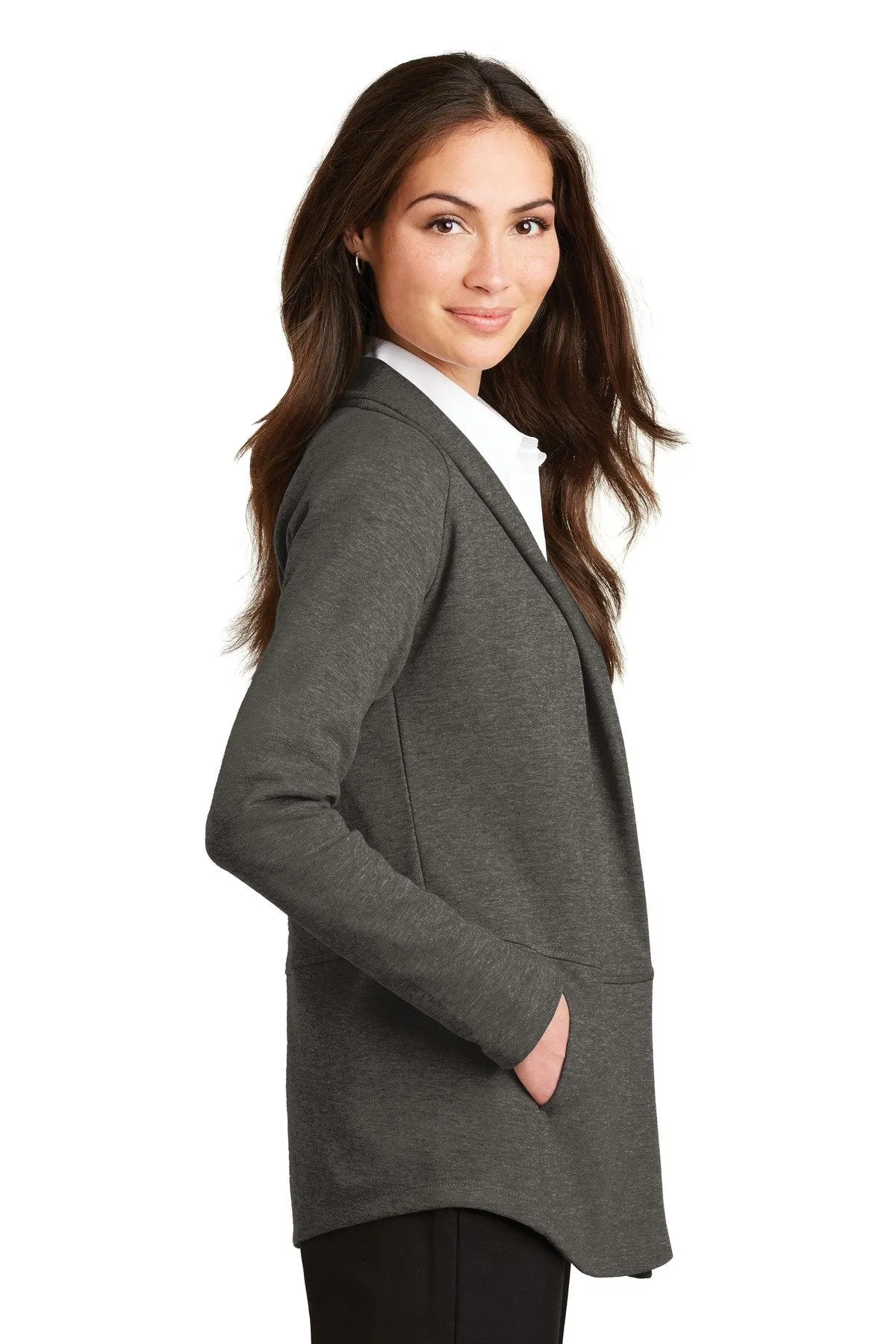 Port Authority Ladies Interlock Cardigan L807 Charcoal Heather/ Medium Heather Grey