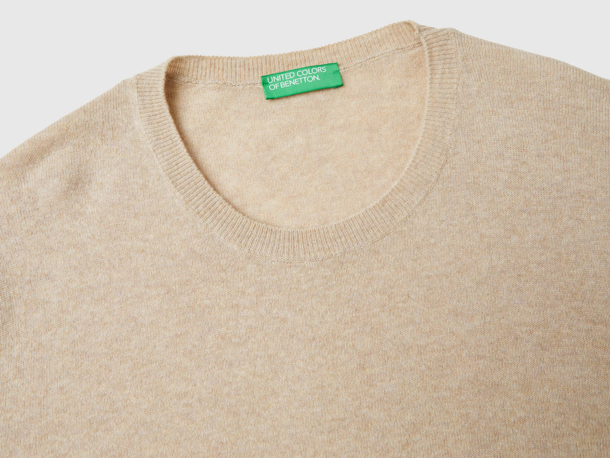 Relaxed fit pure Merino wool sweater - Beige | Benetton