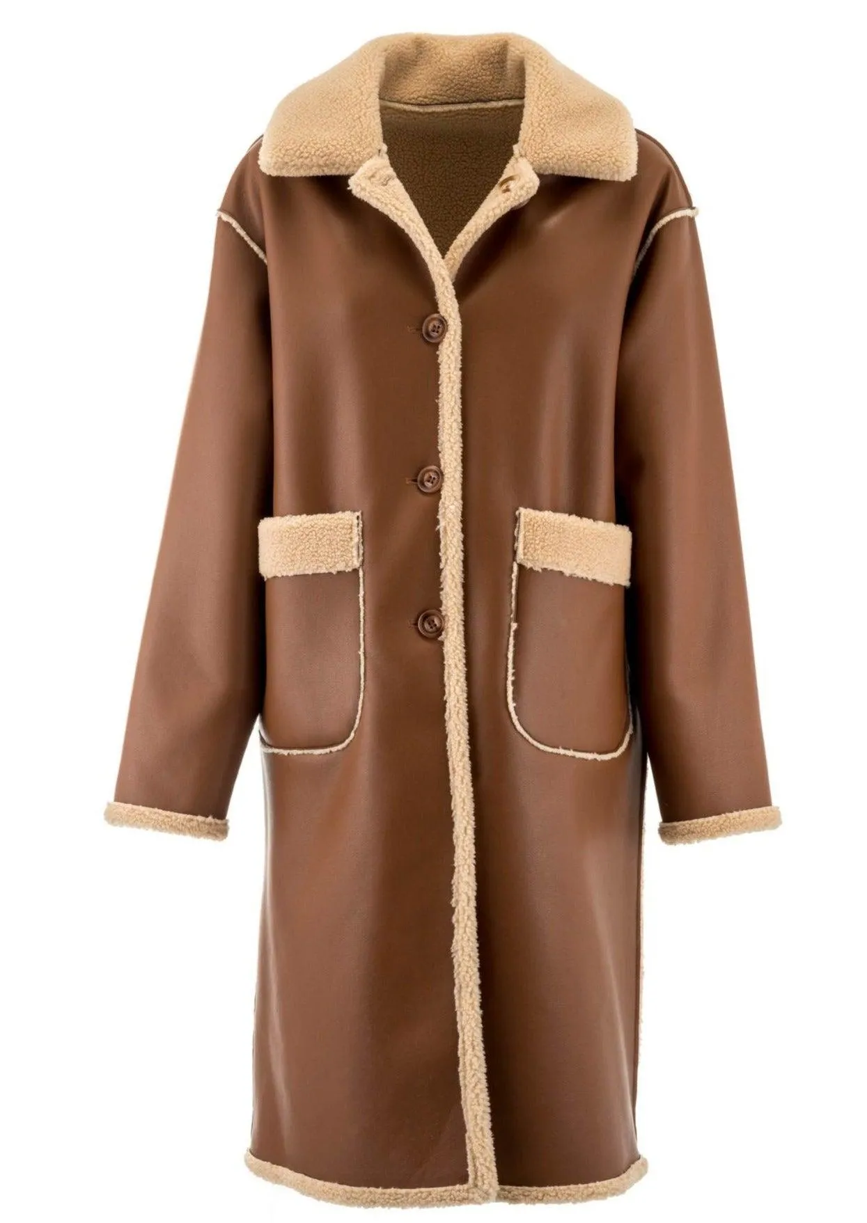 Reversible Faux Leather Teddy Lined Coat in Brown