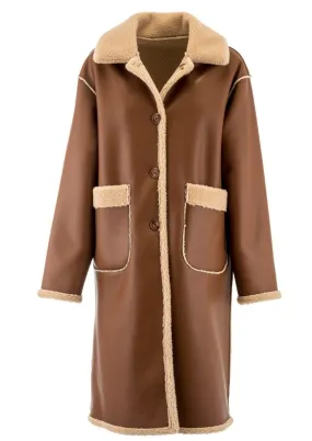 Reversible Faux Leather Teddy Lined Coat in Brown