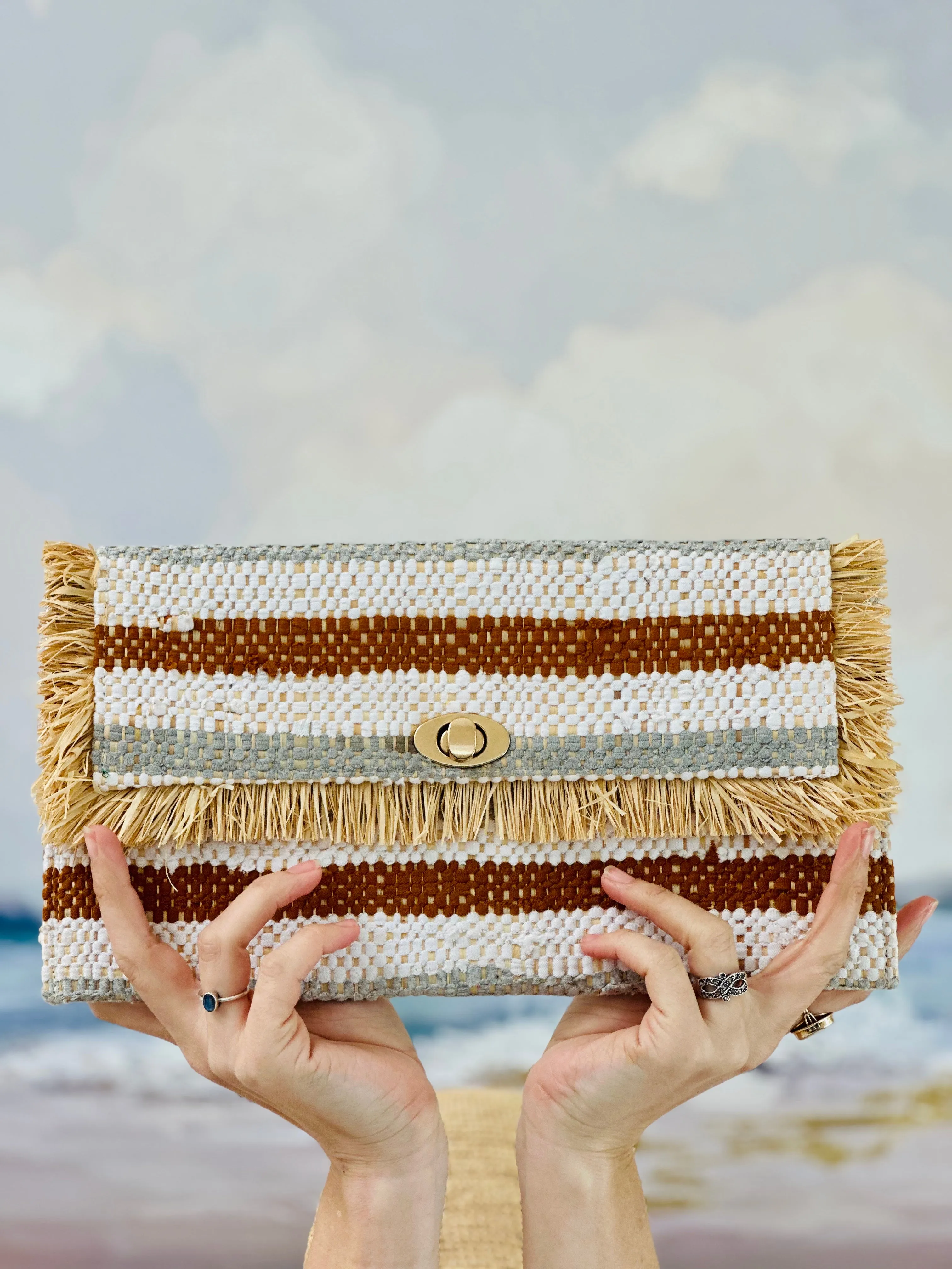 Sasha Recycled Cotton Clutch with Raw Fringe Edge