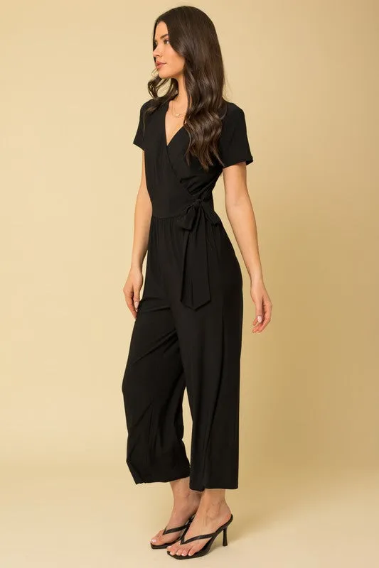 Solid Surplice Cropped Jumpsuit with Faux Wrap