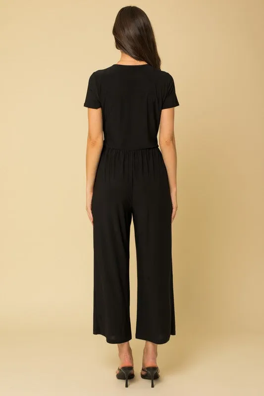 Solid Surplice Cropped Jumpsuit with Faux Wrap