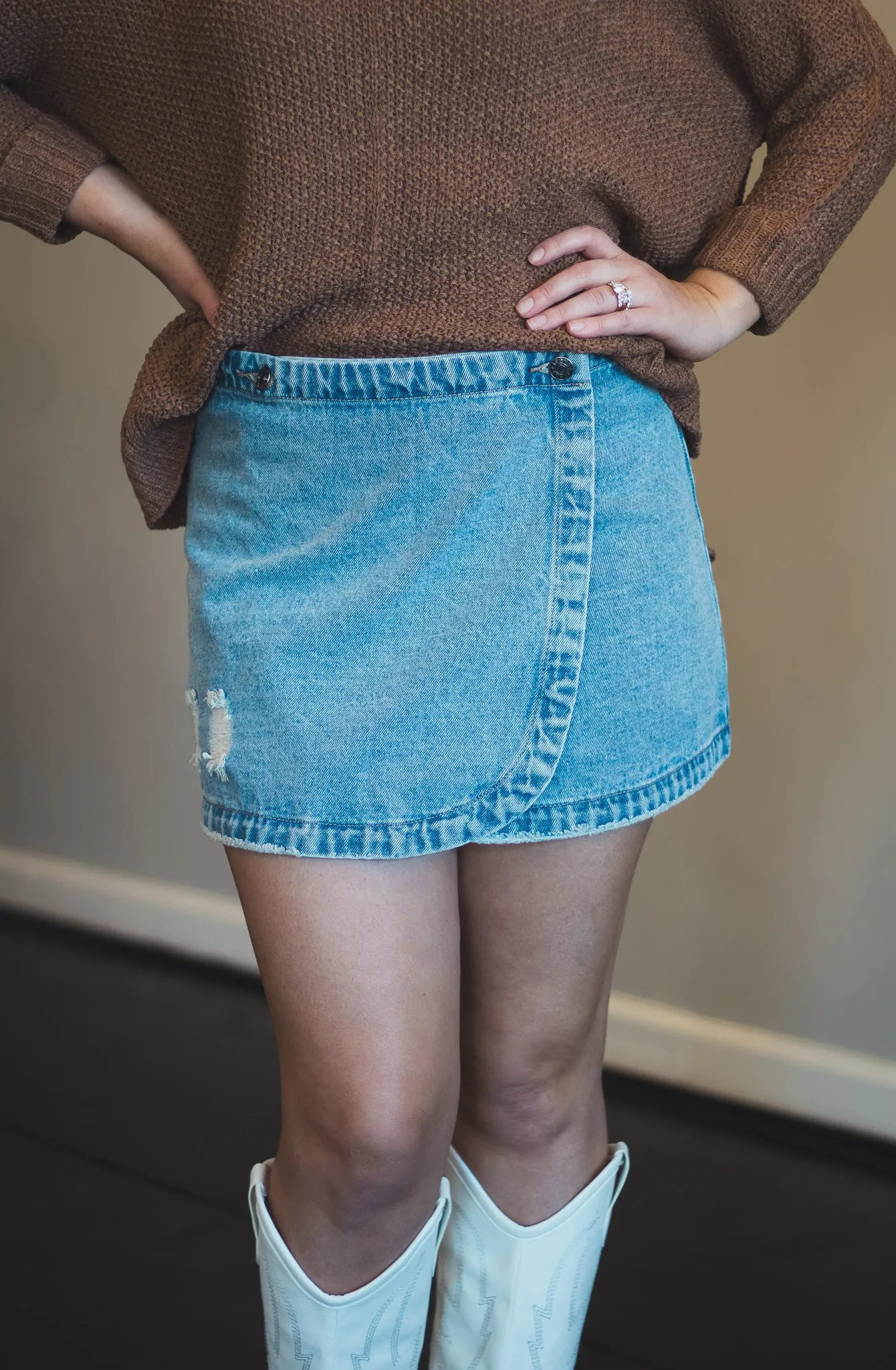 Stone Washed Wrap Denim Skirt