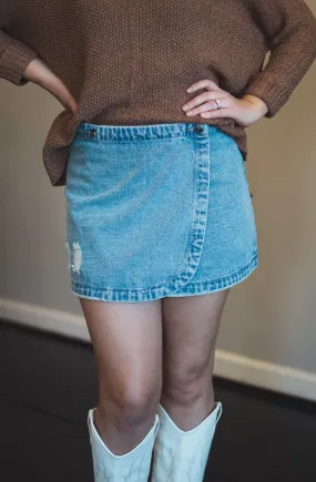 Stone Washed Wrap Denim Skirt