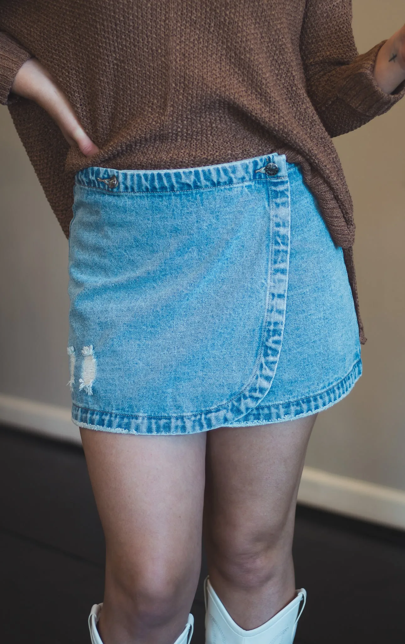 Stone Washed Wrap Denim Skirt