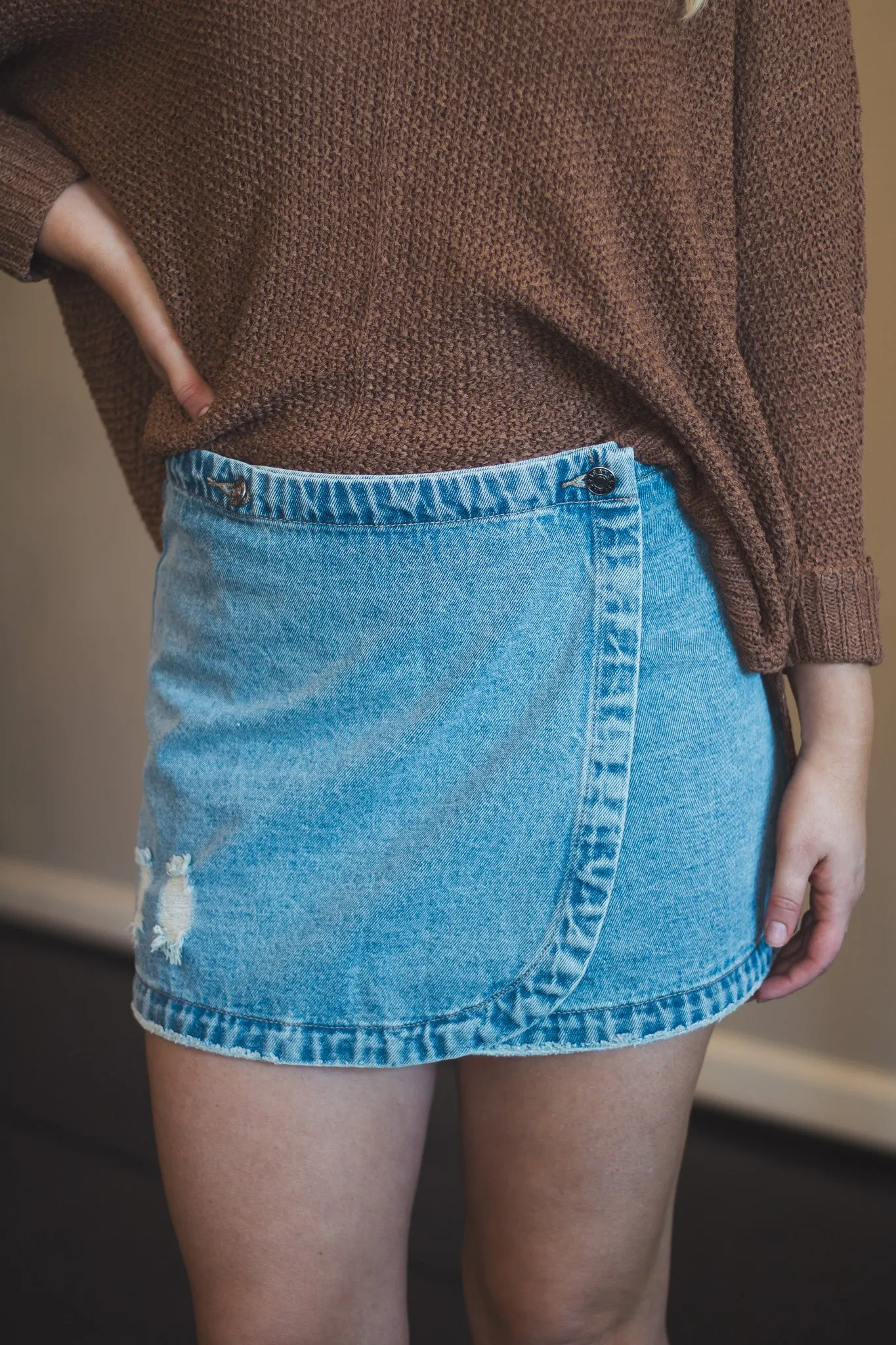 Stone Washed Wrap Denim Skirt