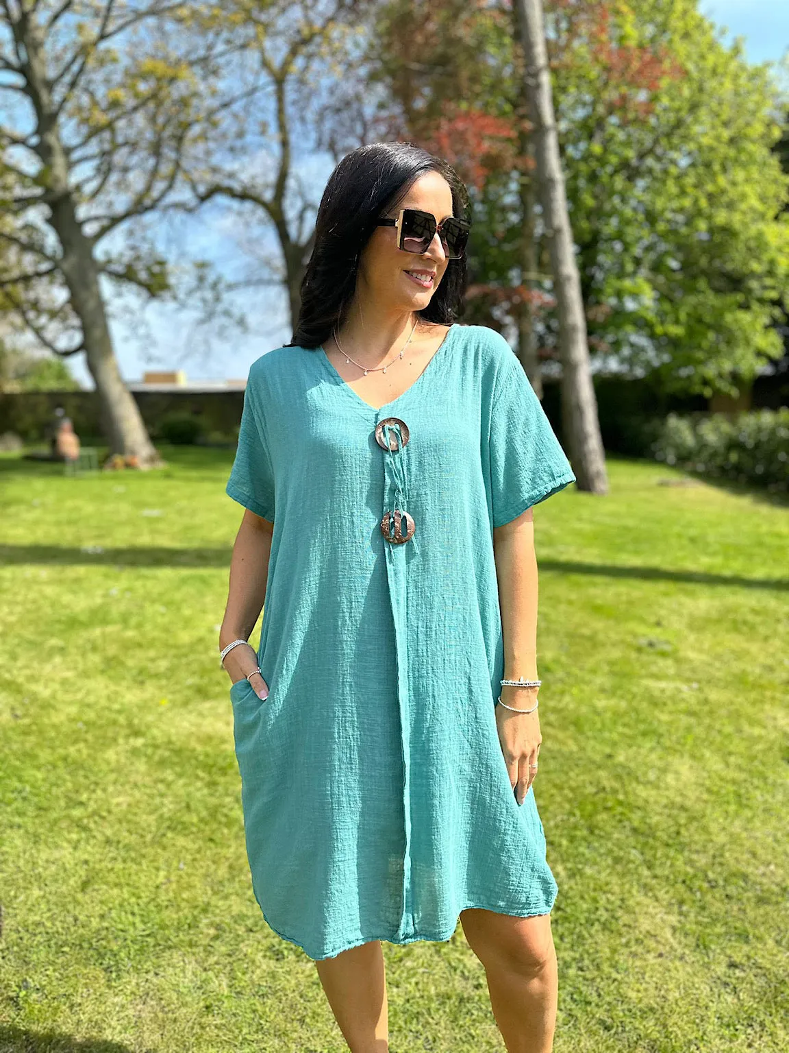 Teal V Neck Button Tunic Dress Sandra