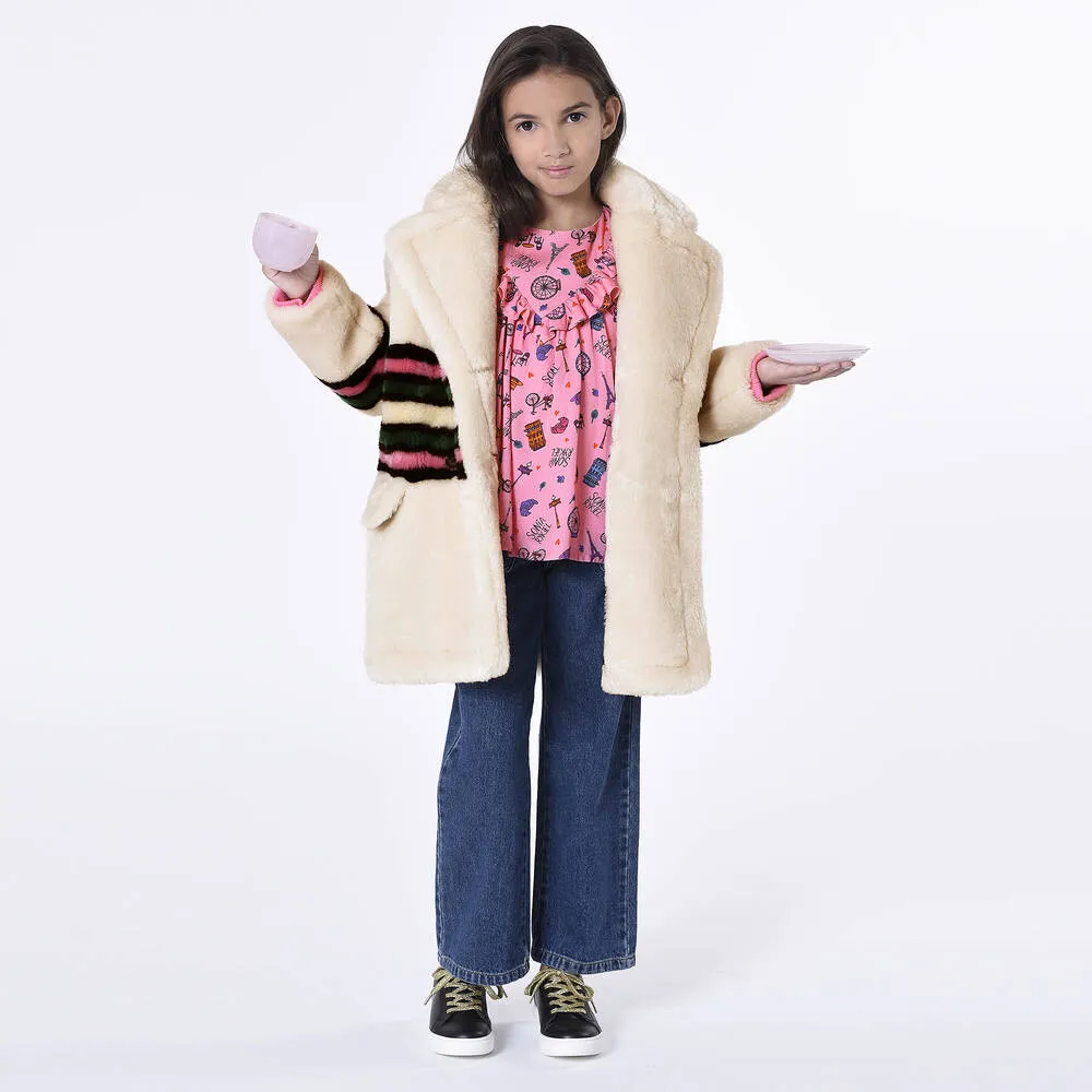 Teen Girls Ivory Faux Fur Coat 