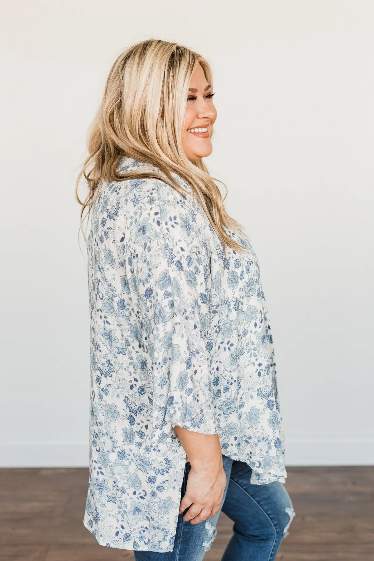 Thoughtful Wishes Floral Kimono- Ivory & Blue