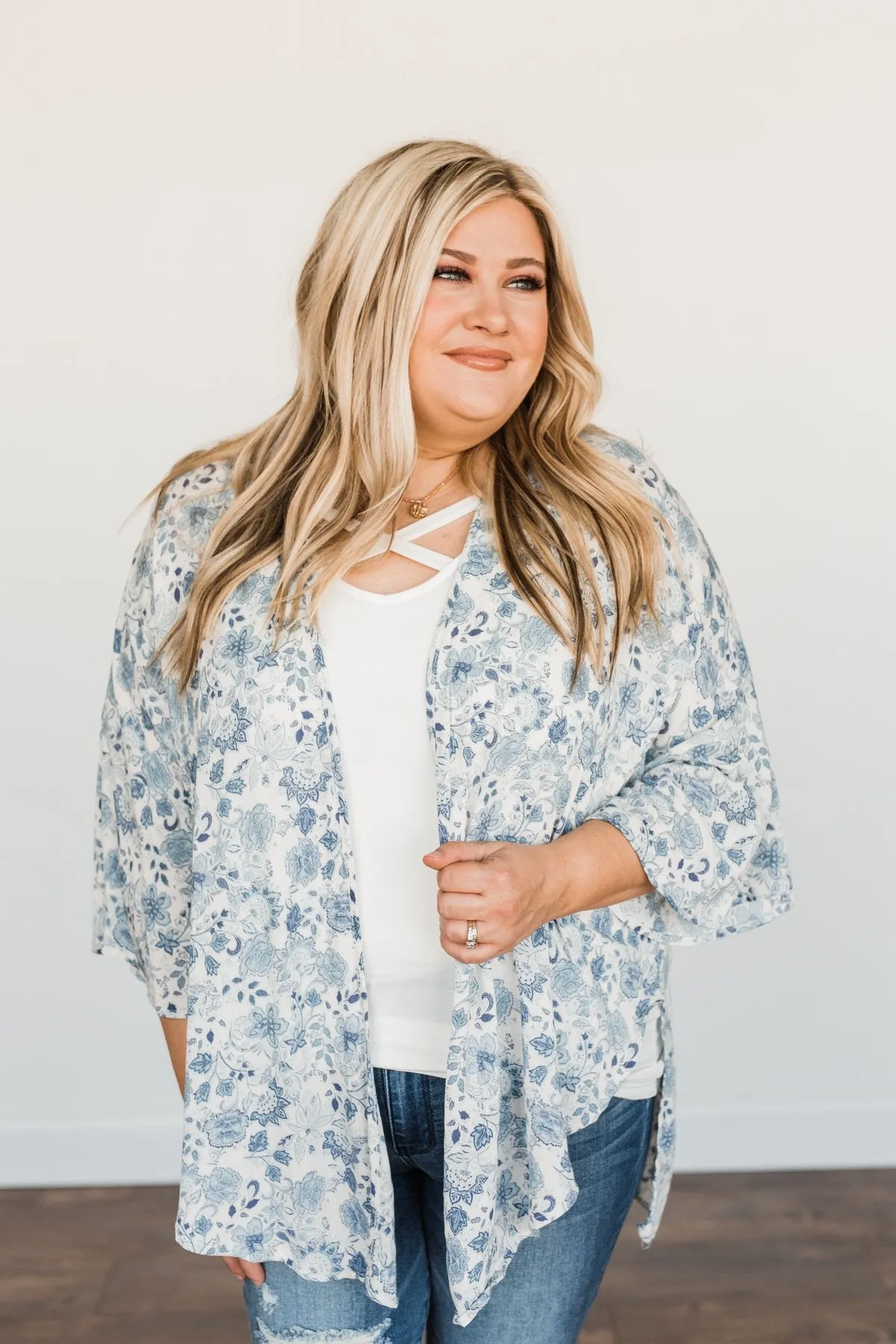 Thoughtful Wishes Floral Kimono- Ivory & Blue