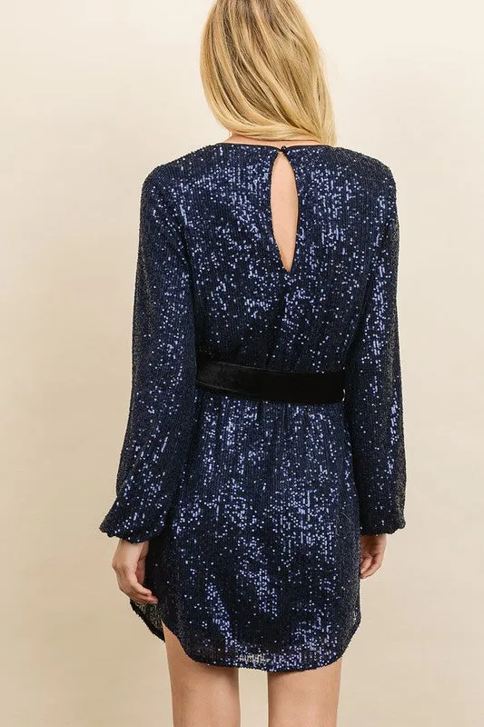 Velour Belt Sequin Tunic Dress - Navy