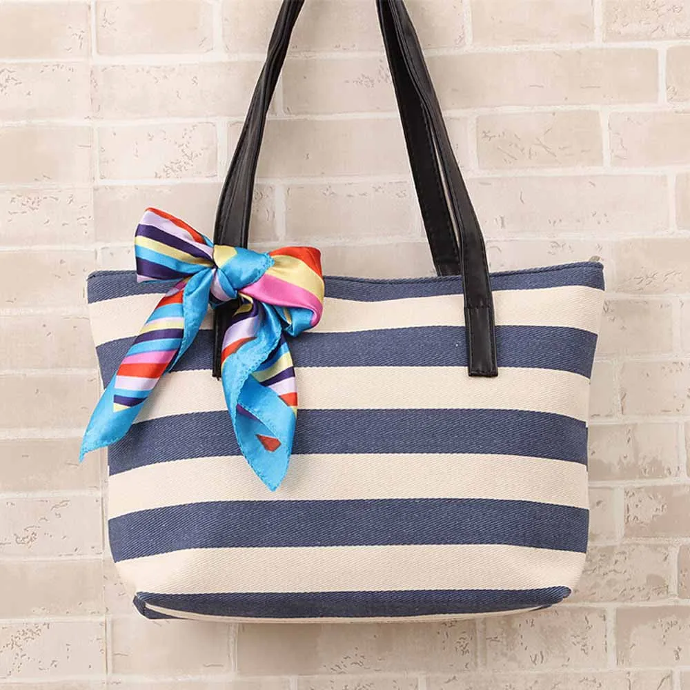 Women Bag Canvas Stripe Silk Scarf Bags Shoulder Casual Handbag bolsos femenina