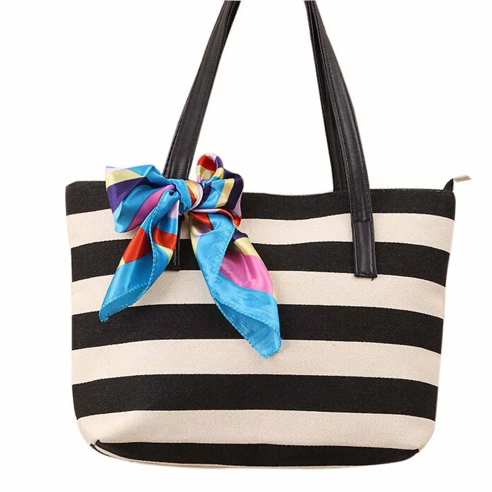 Women Bag Canvas Stripe Silk Scarf Bags Shoulder Casual Handbag bolsos femenina