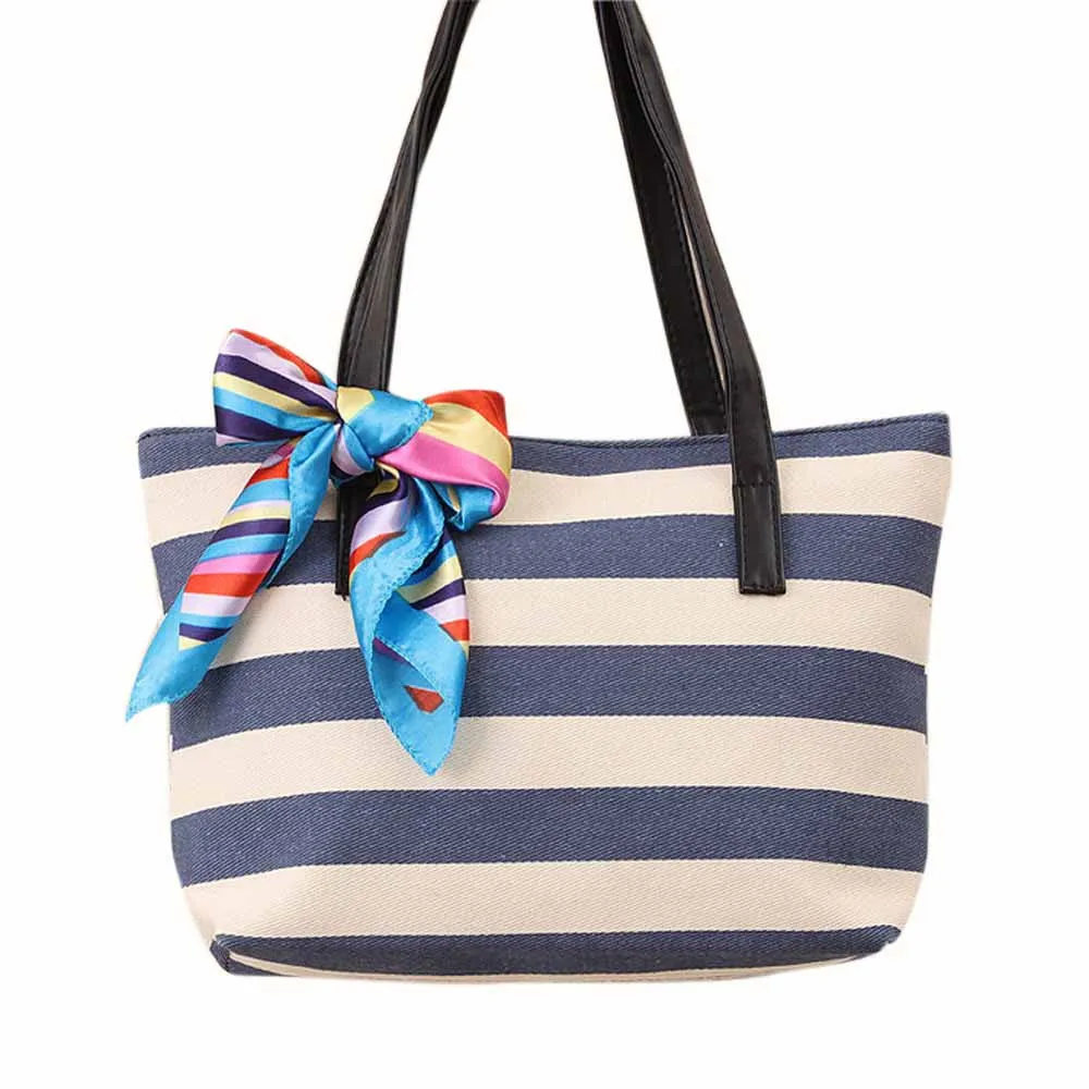 Women Bag Canvas Stripe Silk Scarf Bags Shoulder Casual Handbag bolsos femenina