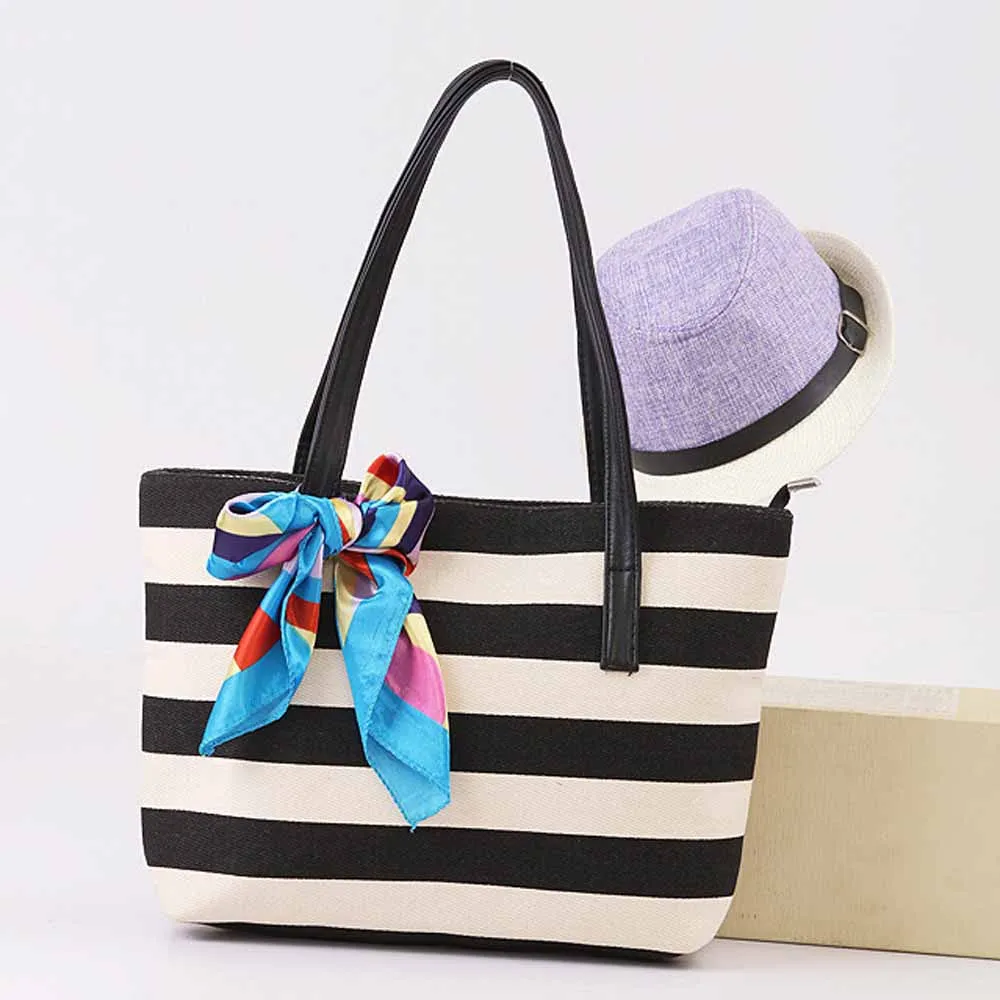 Women Bag Canvas Stripe Silk Scarf Bags Shoulder Casual Handbag bolsos femenina